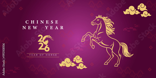Chinese New Year 2026 Year of the Horse Greeting Banner with Golden Horse and Clouds