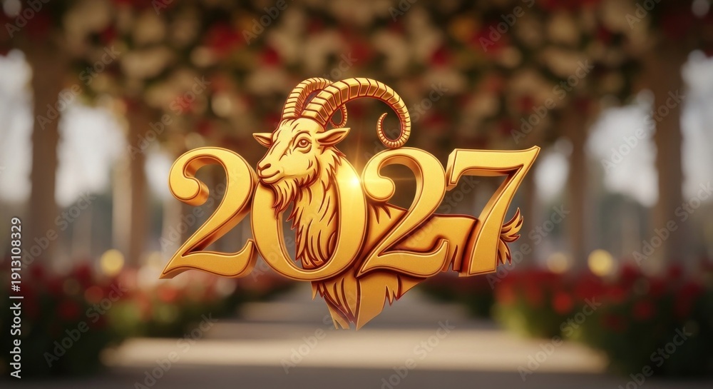 custom made wallpaper toronto digitalGolden goat zodiac symbol with 2027 overlay, against blurred floral arch