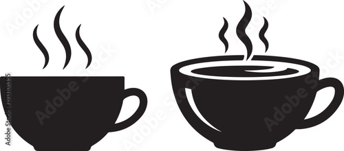 Modern black-and-white vector illustration collection featuring hot beverage cups with steam, coffee mugs, and tea cup designs. Perfect for café branding, restaurant menus, coffee shop logos