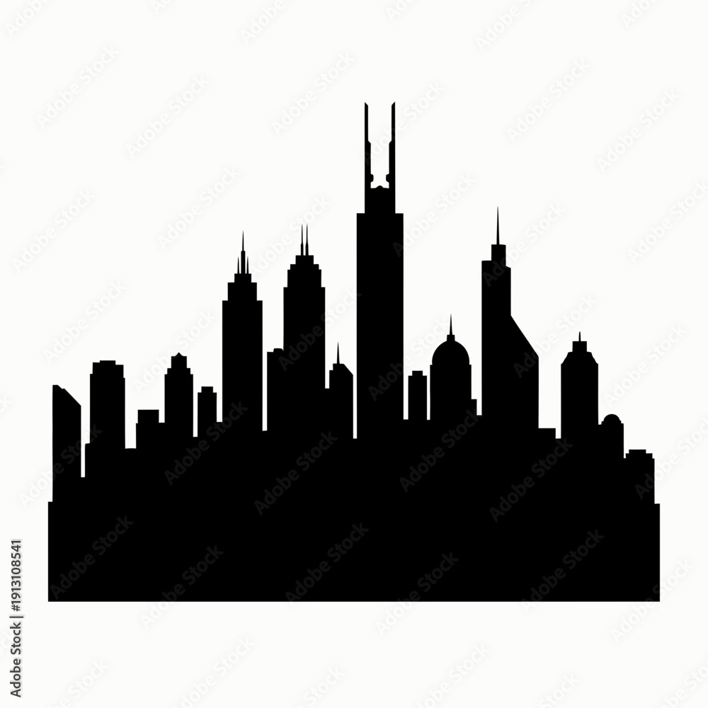 Obraz premium Silhouette of a modern city skyline with tall skyscrapers.