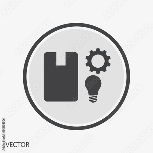 Industrial process icon with box gear and light bulb.