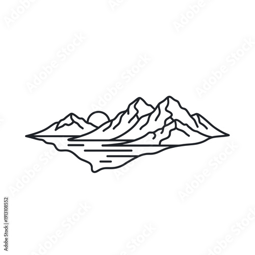 Minimalist Mountain Range Reflection Landscape Line Art.
