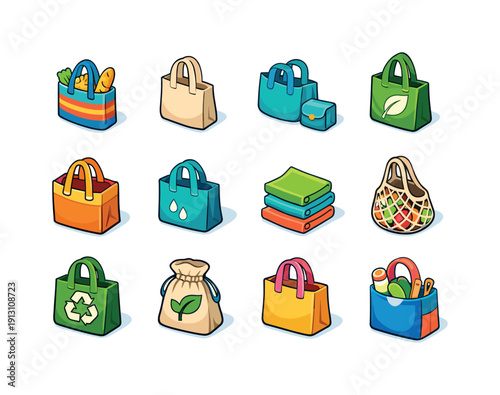    Reusable Bags. Colorful isometric vector icons set of Reusable Bags: cloth shopping bag, canvas tote bag, foldable grocery bag, eco shopping