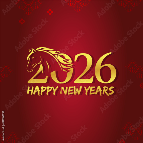 Happy New Year 2026 with Golden Horse Silhouette and Chinese Decorations