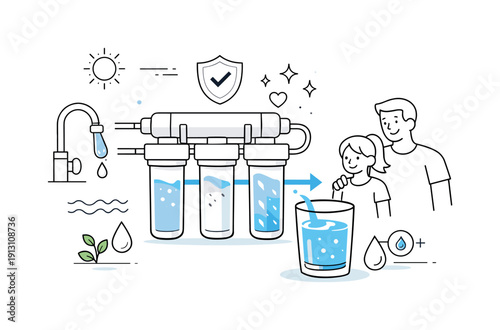 Innovations in water purification and filtration. Clean editorial scene showing clear water flowing through a modern filtration system, calm