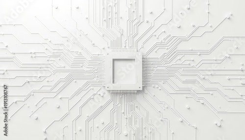 Abstract schematic of a central processing unit and intricate circuits, perfect for tech presentations, data analysis, or innovation concepts