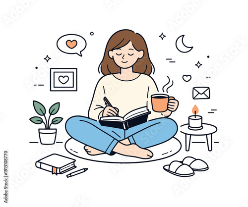 Reflective Healing Moment. Healing from past relationships. A character sitting quietly with a notebook and a warm drink, reflecting in a calm, safe space. The