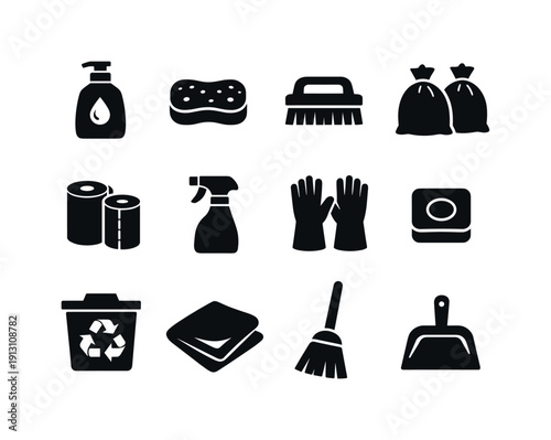 Cleaning and Maintenance Cabinet. Solid icon set of cleaning and maintenance cabinet: dish soap bottle, sponge, scrub brush, trash bags,