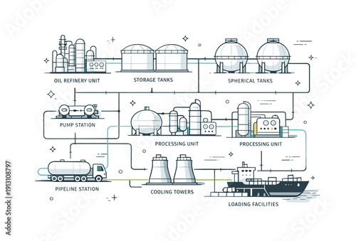 Petroleum Processing Schematic. Petroleum processing layout. A top-down schematic showing tanks, pipelines, and control units arranged in a logical grid. Sense