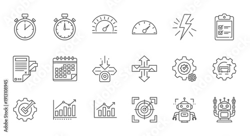 Business optimization and automation icons including robotic assistants progress charts and strategic management