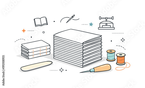 Historic bookbinding process. An editorial-style composition illustrating folded paper signatures stacked and prepared for binding. Order,