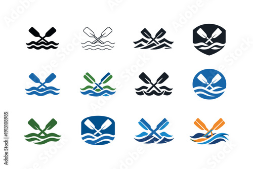   River rafting. Icon set. Set Logo of River rafting: paddles crossed above waves. harmonious logo variations of the same emblematic concept,