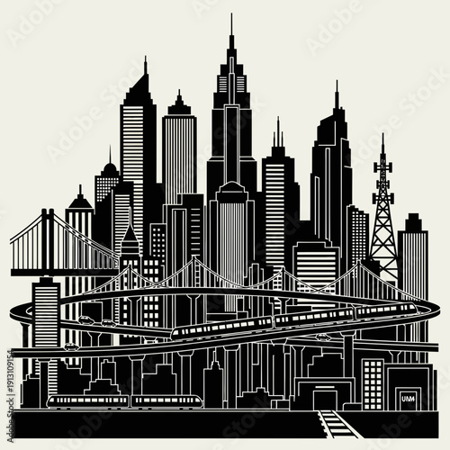 Stylized Black and White Cityscape with Elevated Train and Bridges.