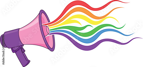 Pink and purple megaphone with colorful rainbow waves coming out of it for pride month lgbtq equality and diversity promotion