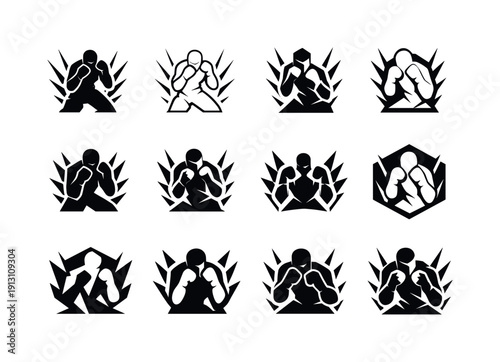 Fighter Focus Logos. intense focus of a fighter preparing for battle. Icon set. Set Logo of intense focus of a fighter preparing for battle: stance silhouette