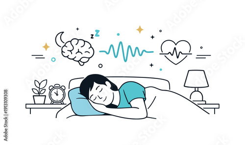 The science of sleep and its impact on health. A calm bedroom scene with a person sleeping peacefully while abstract icons of brain waves and