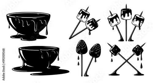 Chocolate fondue dessert black silhouette icon collection vector set