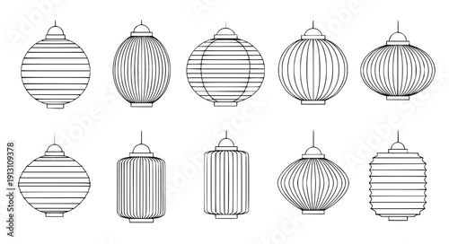 Tableau sur toile Black and white hanging paper lantern outline vector icon set