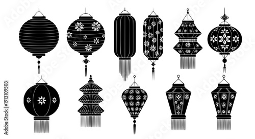 Quadro su tela Hanging paper lantern black silhouette decorative vector collection