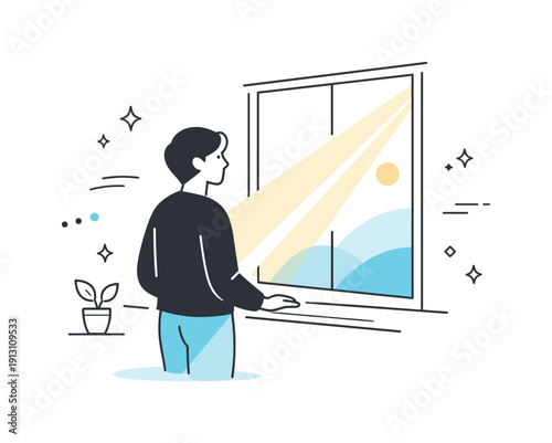 Low winter sunlight. A person standing near a window with low sunlight entering softly, expressing stillness and reflection. Friendly calm