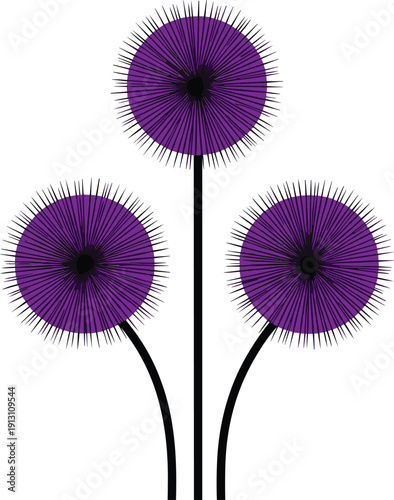 Three purple stylized dandelion flowers on black stems isolated on white background for floral design botanical decoration and nature projects