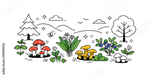 Serene Forest Foraging. Seasonal foraging theme. A serene forest scene with visible mushrooms and edible plants growing naturally, no human interaction