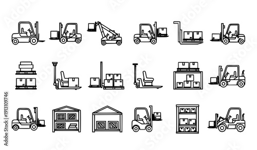 Outline forklift warehouse line icon set vector