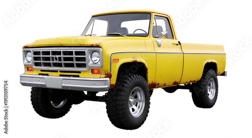 Vintage yellow pickup truck with large tires isolated on transparent background