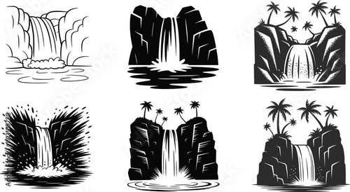 Black and white vector silhouette set of tropical waterfalls with palm trees and rocky cliffs for nature travel adventure landscaping and environmental conservation branding,