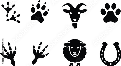 Black vector icon set featuring animal paw prints bird tracks goat and sheep heads and a horseshoe for farm branding wildlife tracking and nature