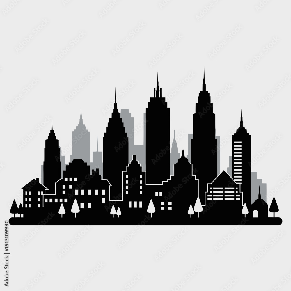 Obraz premium Cityscape Silhouette of Modern Buildings and Trees.