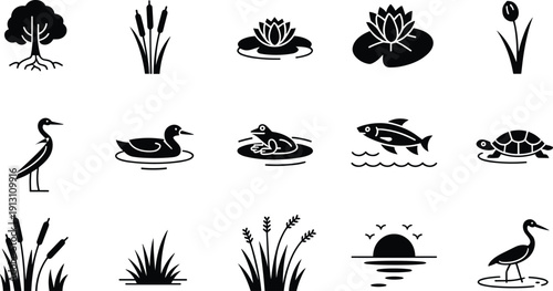 Black vector icon set of pond wildlife featuring a frog duck heron turtle fish water lily reeds tree and sunset for nature conservation branding
