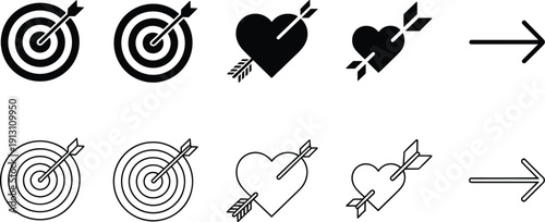 Black vector icon set of archery targets with arrows and hearts with arrows in solid and outline styles for sports dating and goal branding,