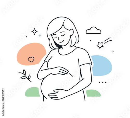 Pregnancy and childbirth. An expectant parent gently holding their belly, standing calmly with soft abstract shapes around. The scene conveys