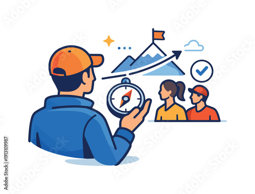 Leadership in coaching symbolized by a compass held by a coach pointing toward shared objectives and team alignment. The scene communicates