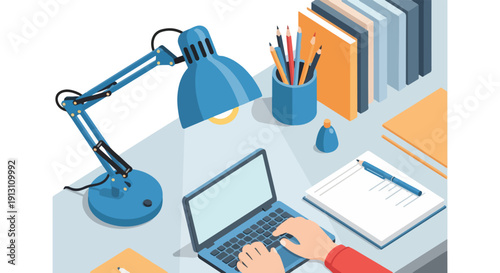 Isometric illustration: person working on laptop at desk with lamp, books, stationery. Depicts remote work, online learning, home office productivity.