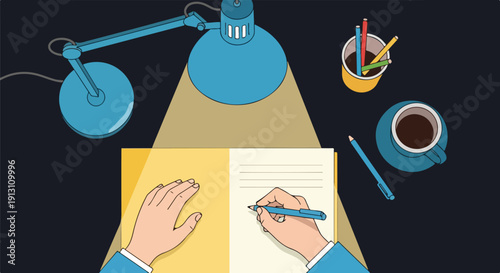 Top-down view of hands writing in a notebook at a desk, illuminated by a blue lamp, surrounded by coffee and pens, symbolizing focused study, work, or creative writing.