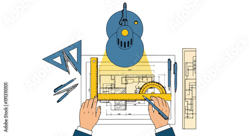 Architect's hands drafting architectural blueprints with professional tools under a focused desk lamp, illustrating precise design and planning.