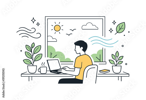 Nature-inspired office culture. Person working at a desk near a window with plants and fresh air symbols. Peaceful balance between work and