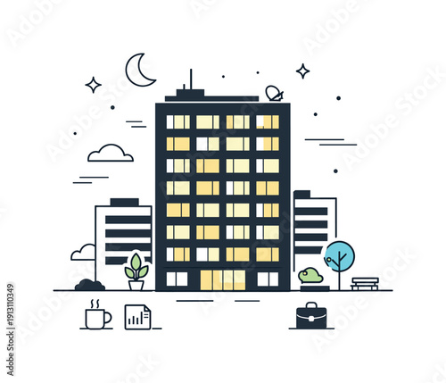    Late night office glow. An exterior view of an empty office tower with soft lights left on, contrasting against the dark sky. Calm