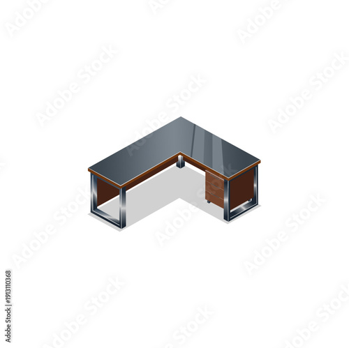 Modern Isometric Executive L-Shaped Office Desk with Metallic Legs