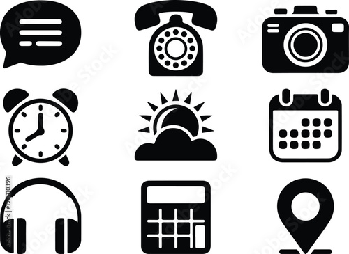 Premium App Icons – Clean Mobile UI Vector Pack Modern App Icon Set – Black Silhouette Vector