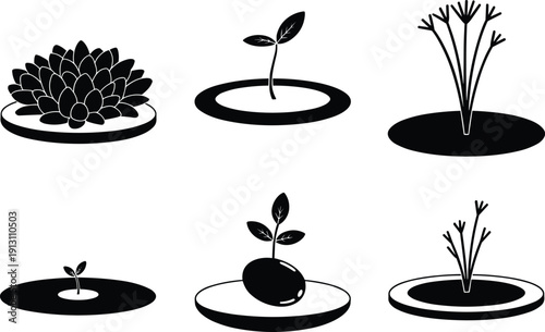 Black vector silhouette set of growing plant sprouts and seeds in soil for gardening agriculture nature growth environment spring farming and botanical branding,