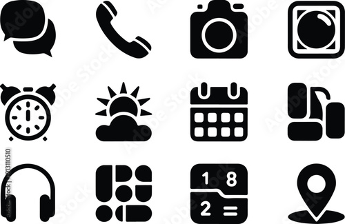 Premium App Icons – Clean Mobile UI Vector Pack Modern App Icon Set – Black Silhouette Vector