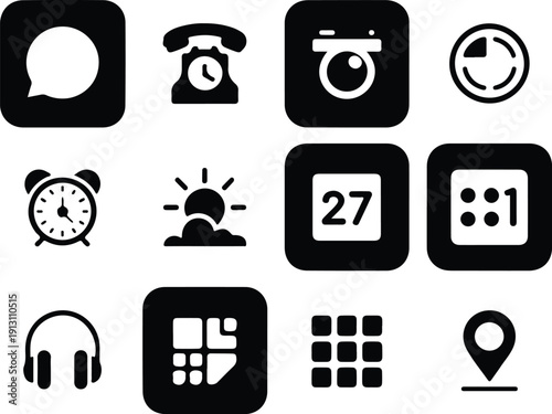 Premium App Icons – Clean Mobile UI Vector Pack Modern App Icon Set – Black Silhouette Vector