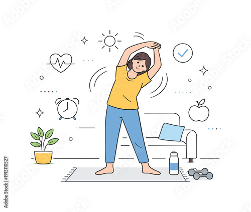 Building better habits for physical health. Person doing a light morning stretch at home, focusing on consistency and comfort. Calm routine
