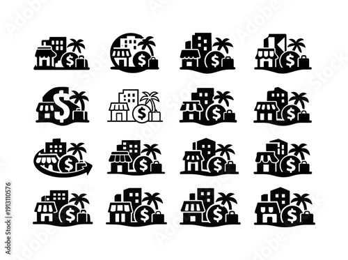 Economic impact of tourism. Icon set. Set Logo of economic impact of tourism: hotel and retail economy. harmonious logo variations of the