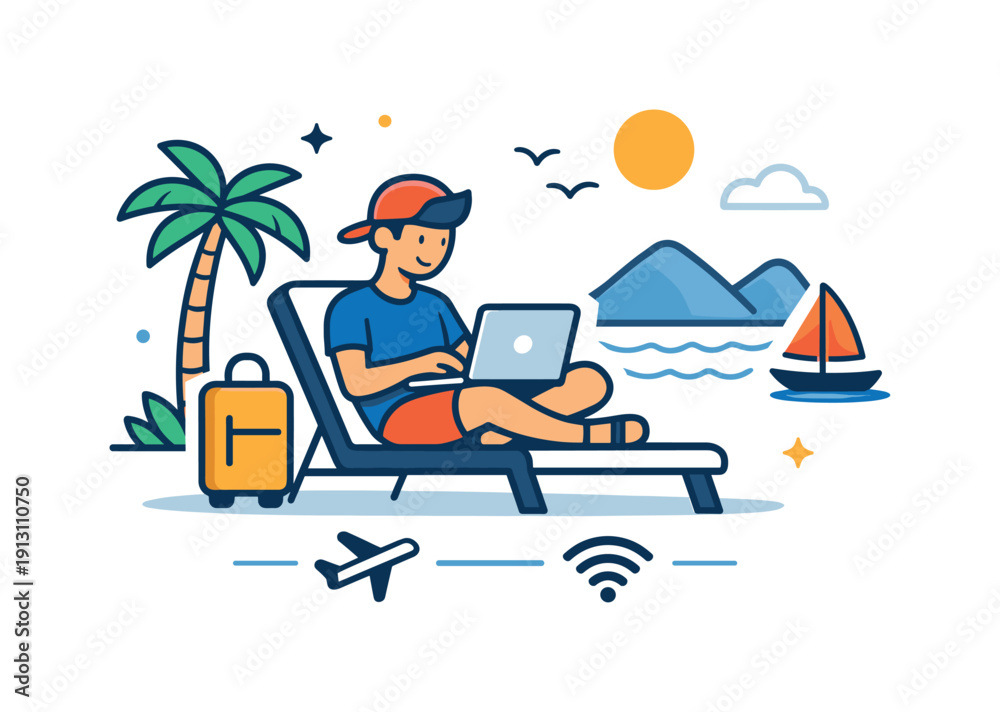 Obraz premium Nomadic Work Freedom. Digital nomad lifestyle a professional working on a laptop in a relaxed travel setting, expressing freedom, flexibility, and modern