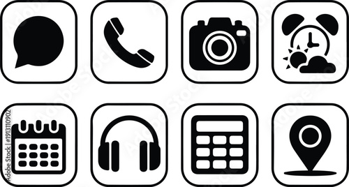 Premium App Icons – Clean Mobile UI Vector Pack Modern App Icon Set – Black Silhouette Vector