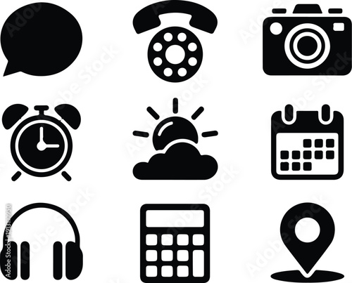 Premium App Icons – Clean Mobile UI Vector Pack Modern App Icon Set – Black Silhouette Vector